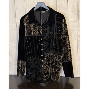 Harve Benard Vintage Black Velour Gold Button Blouse Long Sleeve Evening Top